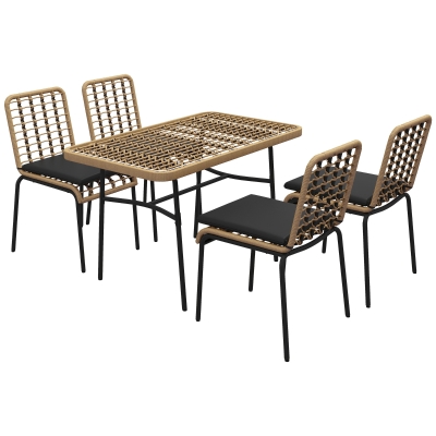 Outsunny Gartenmöbelset mit Tisch und 4 Stühlen, 5-teilig aus Rattan-Effekt, Schwarzem Metall und gehärtetem Glas - inklusive Kissen