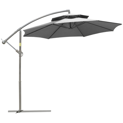 Outsunny Parasol Déporté Ø2,67 x 2,45 m Parasol à manivelle avec Double Toit Base en Croix Acier Protection Solaire en Polyester et Acier Gris Clair