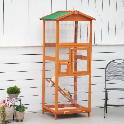 PawHut Vogelkäfig Vogelvoliere aus massivem Holz große Größe 2 Türen Teerdach herausnehmbares Blech 68 x 63 x 165 cm Orange