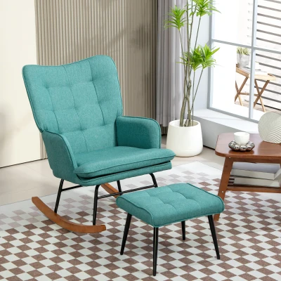 HOMCOM Fauteuil à Bascule avec Repose-Pieds, Assise Large, Dossier Haut, Imitation Lin, Vert Menthe