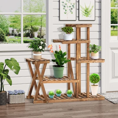 Outsunny Blumenregal aus Holz Pflanzenständer Blumenständer 6 Regale - Maße 98L x 28B x 95H cm - Verkohltes Kiefernholz für Innen Garten Terrasse Balkon