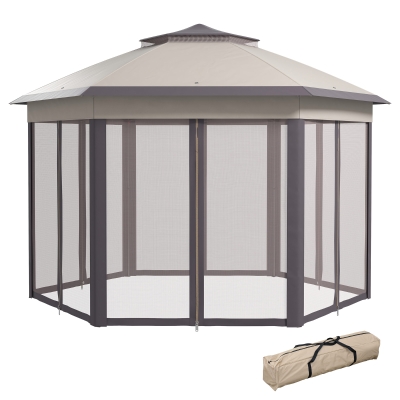 Outsunny Pavillon de Jardin Pliable 4 x 4 m Tente Pop-Up Chapiteau de Fête avec Sac de Transport 6 Parois Latérales Toit Double hexagonal Café+Beige