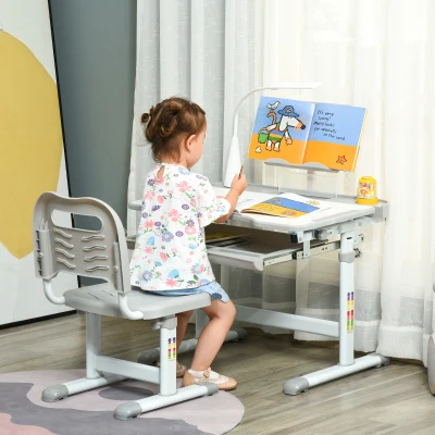 HOMCOM Kinder Schreibtisch mit Stuhl - Kinder Schreibtisch und Stuhl Set höhenverstellbar - Lampe, Leseständer, ausziehbares Tablett mit Mehrfachspeicherung - Grau Weiß