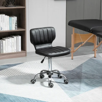HOMCOM Drehbarer Rollhocker - Drehhocker für Arbeit - Ergonomischer Hocker - Höhenverstellbarer Sitz 47-62 cm - Gepolstertes PU-Synthetikleder in Schwarz verchromtes Metall