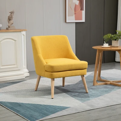 HOMCOM Fauteuil de salon avec revêtement en imitation lin, accoudoir, fauteuil relax rembourré avec pieds en bois, pour salon, chambre à coucher, Jaune