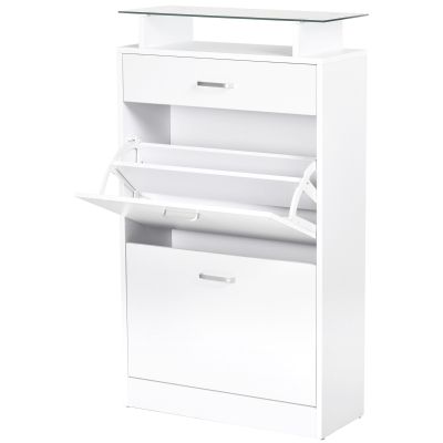 HOMCOM Schuhschrank Schuhschrank mit 2 klappbaren Türen, 2 Fächern, Schublade und Glasplatte - Weiß