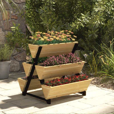 Outsunny Hochbeet aus Holz Pflanzentreppe 3 Etagen 5 Pflanzkästen - Größe 75L x 78B x 77H cm Bewässerungseinsätze Schwarzes Geotextil-Drainagevlies