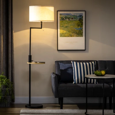 HOMCOM Lampadaire sur Pied avec Étagère, Lampe de Sol, Chaîne de Tirage, E 27, 40 W, Bambou, Naturel + Noir