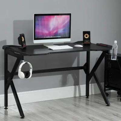 HOMCOM Gaming-Schreibtisch Gamer-Schreibtisch Computertisch mit Kopfhörerhalter Getränkehalter Kabeldurchführungen inklusive Metall MDF Textur Karbonfaser Schwarz
