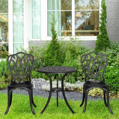 Outsunny Gartenmöbelset 2 Sitzplätze 2 Stühle + Runde Tisch im charmanten Retro-Stil aus Aluminiumguss, schwarz