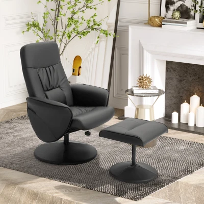 HOMCOM Relaxsessel mit Fußhocker Relaxsessel Schwenkersessel 360° drehbar und verstellbarem Rückenlehne TV-Sessel für bis zu 120 kg Kunstleder Metall Schwarz