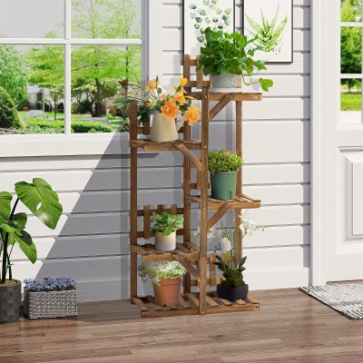 Outsunny Blumenleiter aus Holz mit Pflanzenstützen Pflanzenständer aus Holz 5 Regale Verziert mit kleinen Zäunen 60 x 30 x 130 cm Kiefernholz karbonisiert für Innen Garten Terrasse Balkon