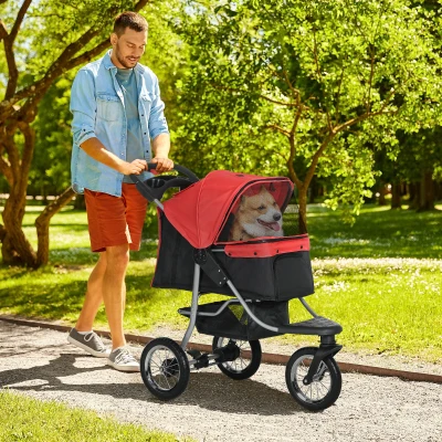 PawHut Chariot pour Chiens Chariot de Compagnie avec 3 Roues Pliant pour Chiens Chats en Tissu Oxford Rouge + Noir 109,5 x 54,5 x 106,5 cm