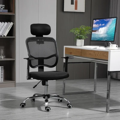 Vinsetto Bürostuhl drehbarer 360° ergonomischer verstellbarer Rückenlehne Kopfstütze Netzstoff 63 x 62 x 114 cm in Schwarz