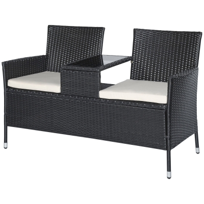 Outsunny Banc de Jardin en Rotin Synthétique Canapé de Jardin Banquette avec Table 2 Places en Acier Noir L133 x P63 x H84cm