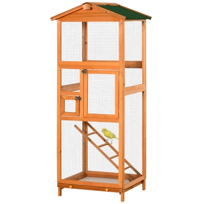 PawHut Vogelkäfig Vogelvoliere aus massivem Holz große Größe 2 Türen Teerdach herausnehmbares Blech 68 x 63 x 165 cm Orange
