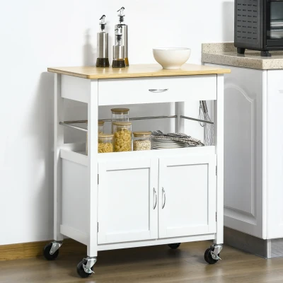 HOMCOM Küchenwagen mit Mehrfach-Storage - Maße 73L x 50B x 91H cm - Metallgriffe MDF Weiß lackiertes Bambusholzplatte