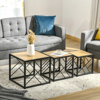 HOMCOM Set aus 3 industriellen Marmortischen im Nesting-Stil, Schwarz Metall, Klarholzoptik