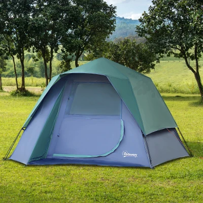 Outsunny Pop-up-Campingzelt Familienzelt für 3 Personen wasserdicht leicht belüftet leicht aufzubauen große Tür + 4 Fenster Maße 2,5L x 1,94B x 1,6H m Fiberglas Polyester Oxford Blau Grün