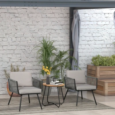 Outsunny Gartenmöbel-Set aus 3-teiligem Kunststoff-Rattan mit Stahlgestell, 2 Sessel + Couchtisch mit Kissen, Grau