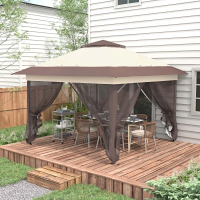 Outsunny Gartenpavillon Pop-Up Faltbarer Stahl Polyester Moskitonetze + Transporttasche mit Rollen Khaki Braun