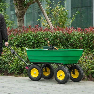 Outsunny Handgartenwagen mit kippbarer Mulde 75° 125L Max. 200 kg Tragkraft 4 Luftreifen Stahl PP Gelb Grün