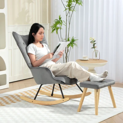 HOMCOM Fauteuil d'accent avec Repose-Pieds, rembourré, dossier haut, Aspect Velours, jusqu'à 150 kg, Gris foncé