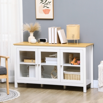 HOMCOM Sideboard mit 3 Glastüren, 2 verstellbaren Einlegeböden, Holzmaserung, 120 x 40 x 70 cm, weiß