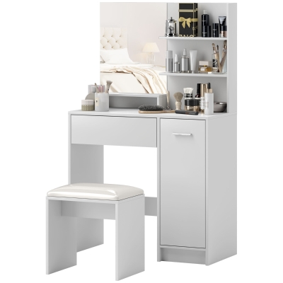 HOMCOM Frisiertisch-Set mit Spiegel und Hocker, Schublade, Aufbewahrungsschrank verstellbares Regal für Schlafzimmer 80l x 40T x 132H cm, weiß