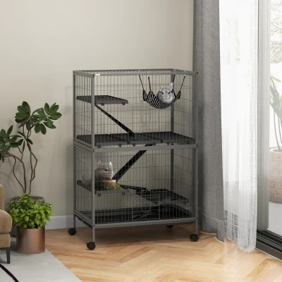 PawHut Kleintierkäfig mit Hängematte, Nagetierkäfig mit Rollen, 4-stöckiger Käfig, Metall, Kunststoff, 80 x 52 x 128 cm, Grau