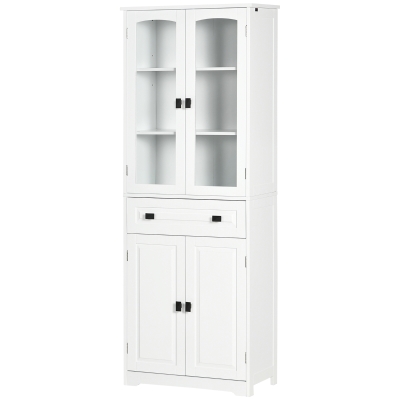 HOMCOM Hochschrank Küchenschrank 4 Türen davon 2 Glastüren und 1 Schublade Höhe 160 cm mit Regalen aus Holz Weiß