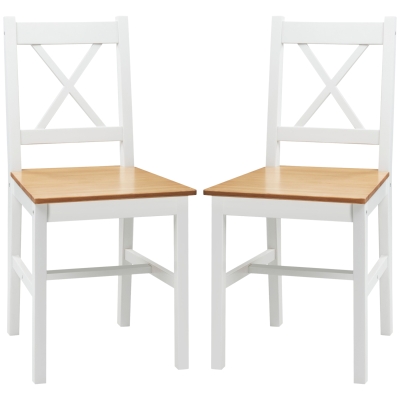 HOMCOM Set aus 2 Esszimmerstühlen aus massivem Holz, Küchenstühle im Landhausstil mit überkreuzter Rückenlehne in Weiß und Eiche