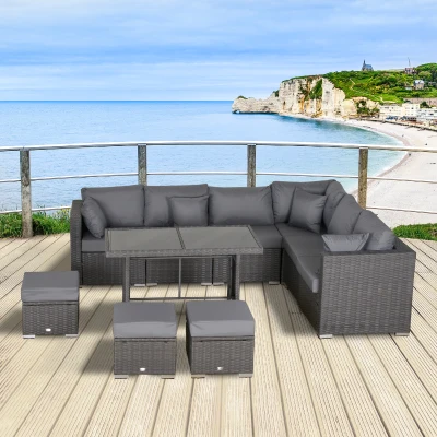 Outsunny Ensemble de salon de jardin 10 pièces en rotin, avec coussins de siège et de dossier, cadre en métal inoxydable, gris foncé