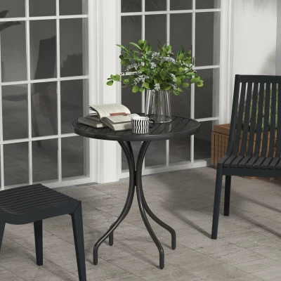Outsunny Runder Gartentisch Ø66 cm, Gartentisch aus verzinktem Stahl mit Lattenplatte für Terrasse, Balkon, Schwarz