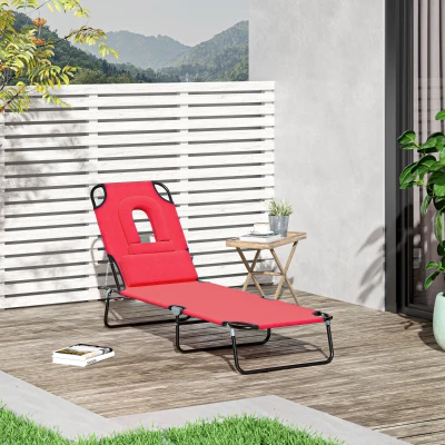 Outsunny Sonnenliege klappbarer Strandliege 4-fach verstellbare Gartenliege mit Leseloch 3 Kissen Rot
