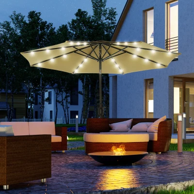 Outsunny Oktogonaler neigbarer Sonnenschirm Ø 2,7 x 2,4 m mit Solarbeleuchtung 24 LED hochdichtes 180 g/m² Polyester braun