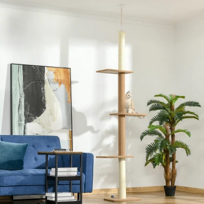 PawHut Arbre à chat sur pied, ajustable en hauteur de 228 à 260 cm Arbre de jeu pour chats à 3 niveaux, griffoir pour chat, arbre à grimper du sol au plafond Kaki