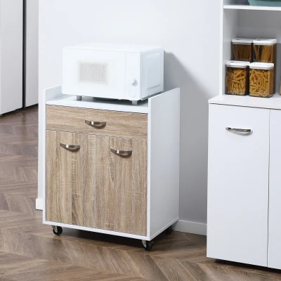 HOMCOM Servierwagen Küchenwagen mit Rollen Schublade 2-türiger Schrank verstellbares Regal Spanplatte Weiß Eiche