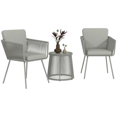 Outsunny Gartenmöbel-Set im Kolonialstil 3-teilig, 2 Sessel mit grauen Kissen, grauer Couchtisch aus geflochtener Harzdraht und Epoxidstahl