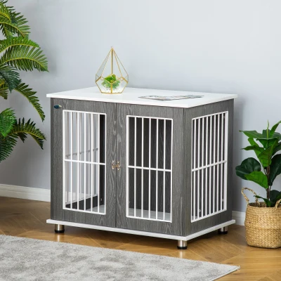 PawHut Cage de transport pour chiens de taille moyenne et petite, verrouillable, panneau de bois, acier, Gris + Blanc