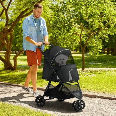 PawHut Hundebuggy Katzenbuggy Haustierkinderwagen zusammenklappbar 2 Leinen EVA-Räder verstellbarer Griff Korb 83 x 55 x 101 cm schwarz