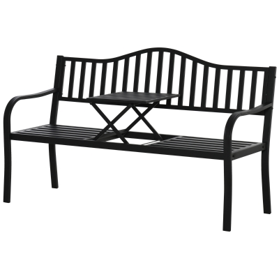 Outsunny Banc de jardin avec table extensible pour 2 personnes Banc de parc en métal Banque Banquette Banque de patio avec dossier et accoudoirs Mobilier de jardin Noir 150 x 58,5 x 90 cm
