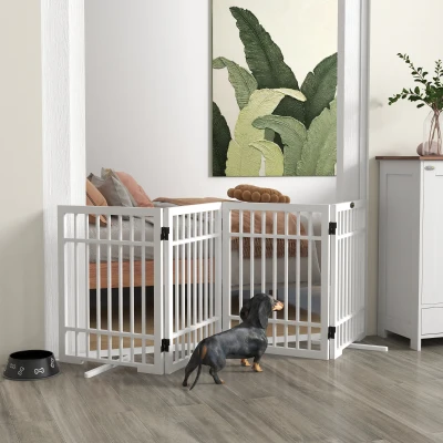 PawHut Barrière de Sécurité pour Chiens, Pliable et Antidérapante, Pieds de Support Rotatifs, Cadre en Bois, 183x24,5x61 cm, Blanc