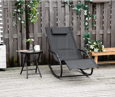 Outsunny Schaukelliegestuhl Ergonomischer Rocking Chair mit Kopfstütze und galvanisiertem Metallrahmen Textilene 63l x 160B x 88H cm Schwarz