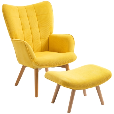 HOMCOM Fauteuil d'Accentuation avec Repose-Pieds, Fauteuil de Relaxation en Aspect Velours Côtelé, Fauteuil avec Accoudoirs en Bois, pour le Salon, Jaune