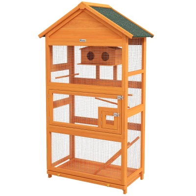 PawHut Vogelkäfig aus Holz, Papageienkäfig, Spielbereich, wasserdichtes Asphaltdach, 92 x 52 x 171 cm, Orange