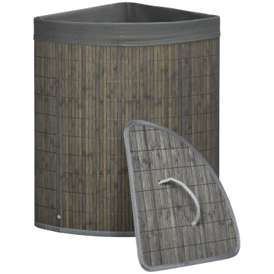 HOMCOM 55 L Wasmand met Deksel, Handvat, Wasklerensorteerder met Uitneembare Waszak voor Badkamer, Bamboe, Grijs