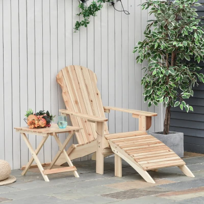 Outsunny Gartenstuhl Adirondack klappbar mit Fußhocker und Beistelltisch aus naturbelassenem Tannenholz