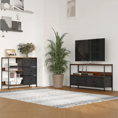 HOMCOM TV-Möbel im Industriestil mit niedrigen Standfüßen, 2 Schubladen aus grauem Stoff, rustikales braunes MDF und schwarzem Metall