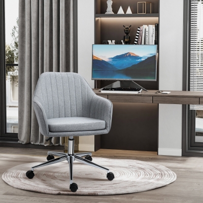 HOMCOM Bürostuhl im zeitgenössischen Design mit gestreifter Rückenlehne und Armlehnen, höhenverstellbar, 360° drehbar, verchromtes Fußgestell, Leinen in Hellgrau